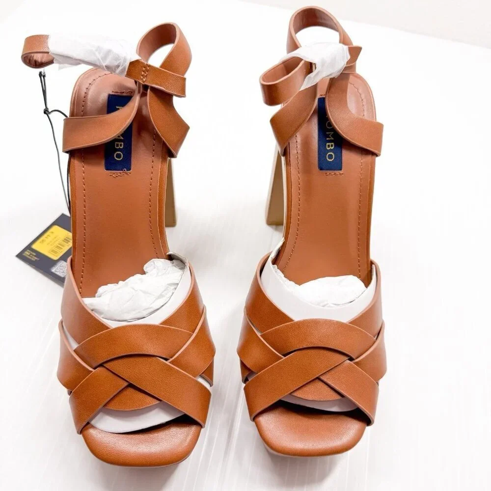 Piombo Platform Sandals Women’s 6US 37EU Tan Strappy Ankle Block Heels NWT Chic